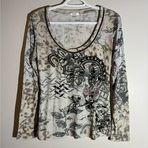 Cache Long Sleeve Shirt Medium Top Floral Beaded